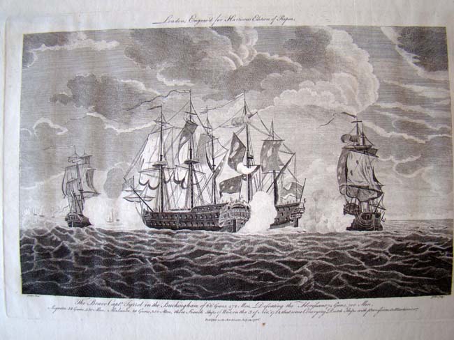A fine 18th century engraving entitled “The Brave Capt. Tyrell in the Buckingham, 66 guns, Defeating the Florissant, 74 guns and two other French ships of war on Nov. 3, 1758.